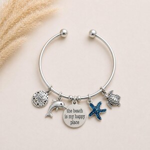 The Beach is My Happy Place Euro Bangle Cuff, Silver - - LadybugfeetDesigns -