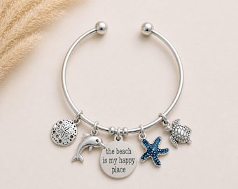 The Beach is My Happy Place Euro Bangle Cuff, Silver
