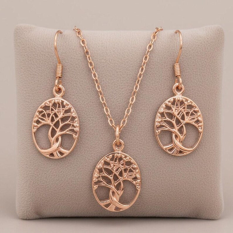 Tree of Life Rose Gold necklace earrings set,18 inch - - LadybugfeetDesigns -