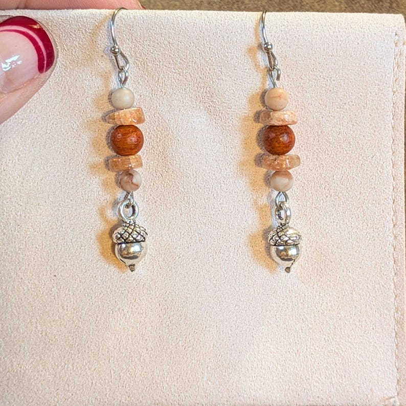 Acorn Beaded Sunstone Hook Earrings, Silver - - LadybugfeetDesigns -
