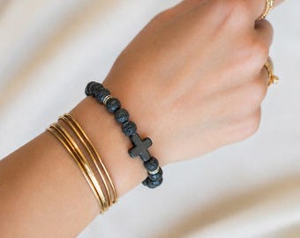 Schwarze Lava Perlen Kreuz Stretch Armband-UNISEX