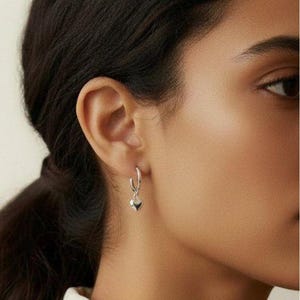Silver Heart Huggie Hoop earrings, 15mm Hoop Drop - - LadybugfeetDesigns -