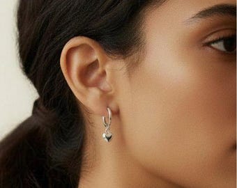 Puffy Heart Huggie Hoop earrings, Silver - 15mm