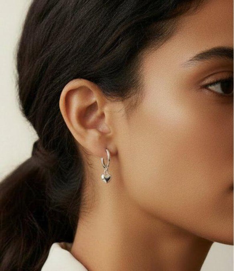 Silver Heart Huggie Hoop earrings, 15mm Hoop Drop - - LadybugfeetDesigns -