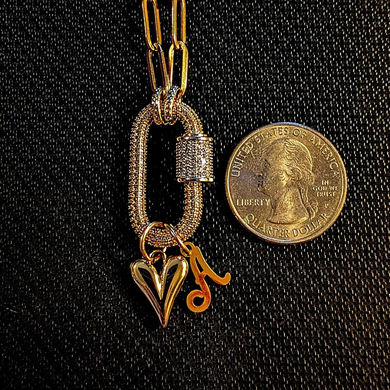 Gold Initial Heart Carabiner Necklace - 20 inch - - LadybugfeetDesigns -