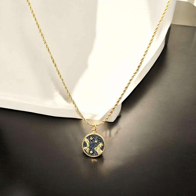 Blue Enamel Zodiac Pendant Necklace, Gold - 20 inches - - LadybugfeetDesigns -