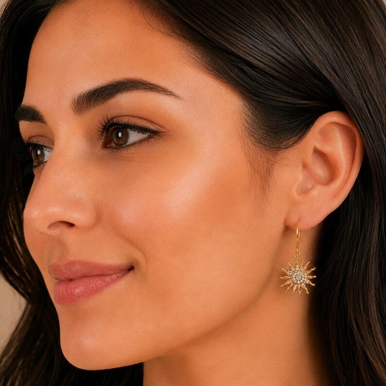 Fiery Sun Charm Drop Hook Earrings, Gold - - LadybugfeetDesigns -