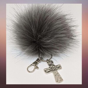 Hammered Cross Keychain/ Faux Fur Pom Pom and charm Key Chain-Purse Charm/Journal Charm - - LadybugfeetDesigns -