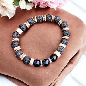 Dark Amethyst Gemstone Lava Bead Stretch bracelet-FEBRUARY Birthstone - - LadybugfeetDesigns -