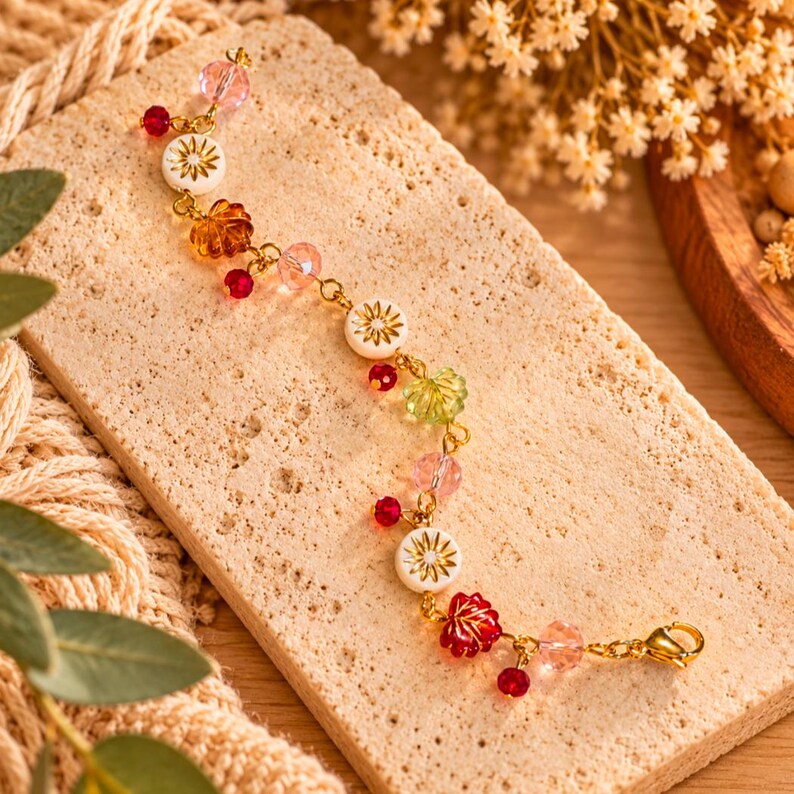 Botanical Starburst Crystal Bead Bracelet, Gold - - LadybugfeetDesigns -