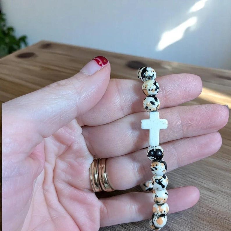 Orange Black Ivory Beaded Cross Stretch bracelet - - LadybugfeetDesigns -