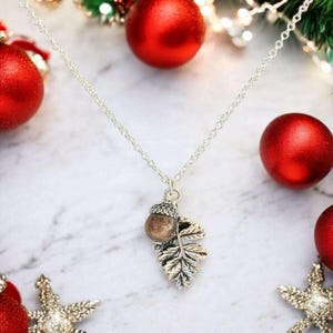 Acorn Oak Leaf Necklace, Silver - - LadybugfeetDesigns -