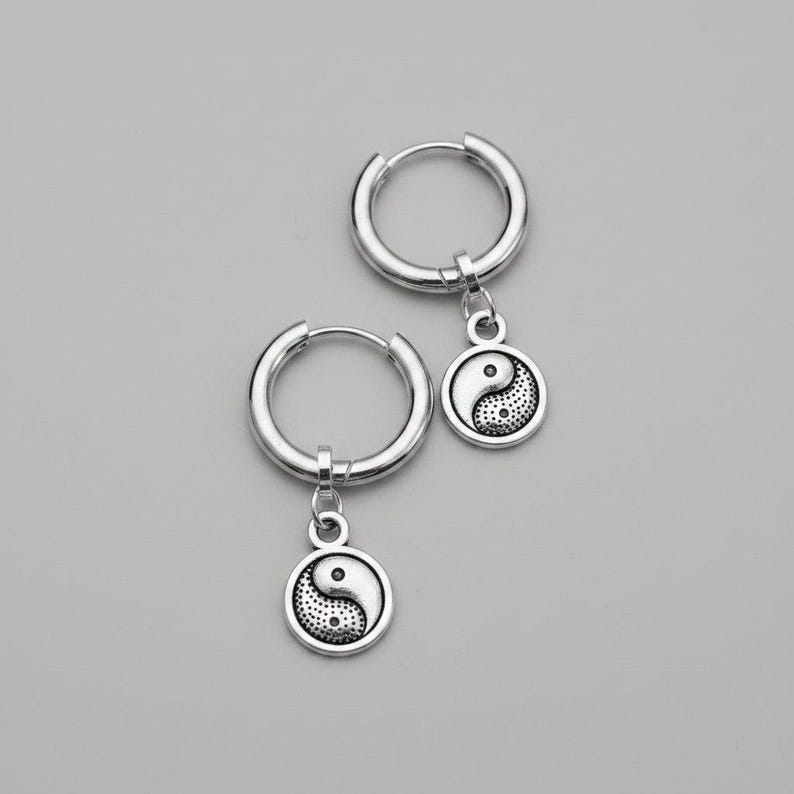 Yin Yang Huggie Hoop earrings, 12mm Hoop Drop - - LadybugfeetDesigns -