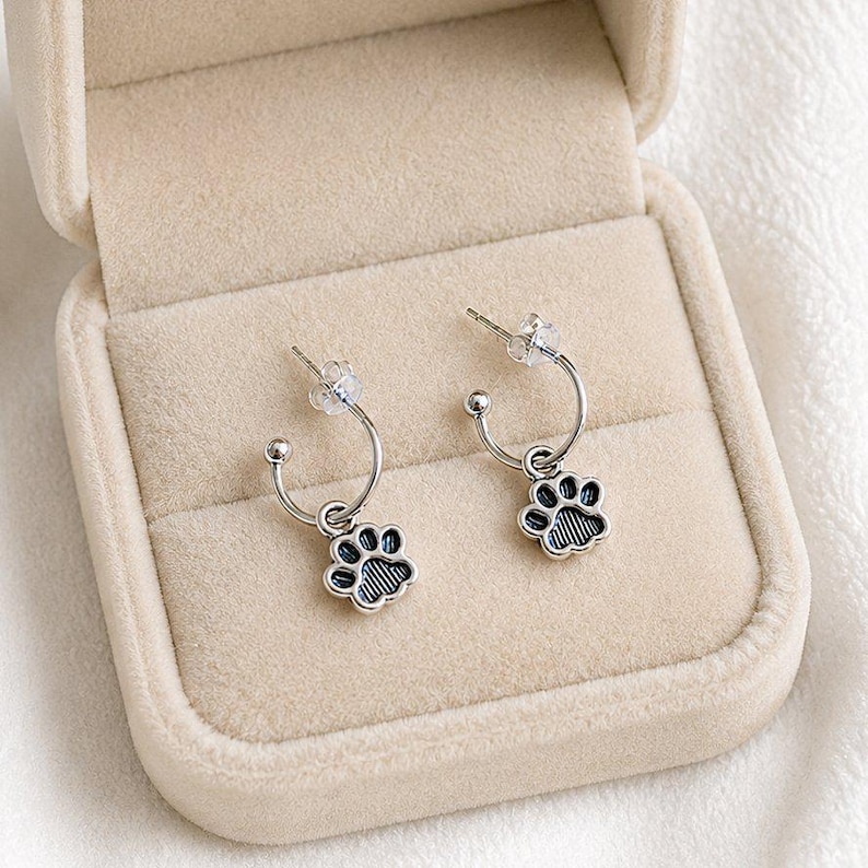 Dog/Cat Paw Mini Hoop Huggie Earrings, Silver- 12mm - - LadybugfeetDesigns -