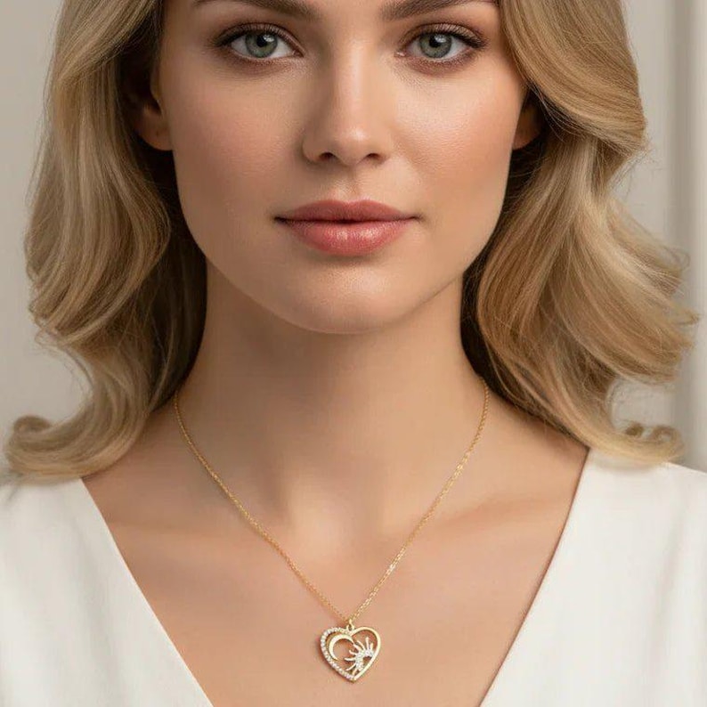 Sun Moon Heart necklace, Gold - 20 inch - - LadybugfeetDesigns -