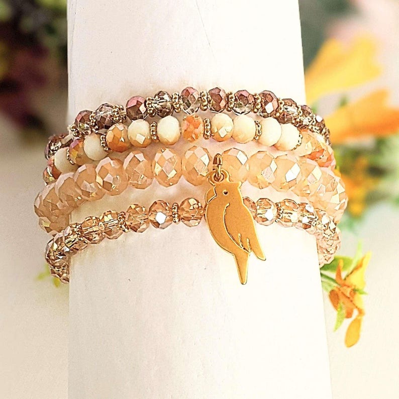 Parrot Champagne Stretch Bracelet Stack - - LadybugfeetDesigns -