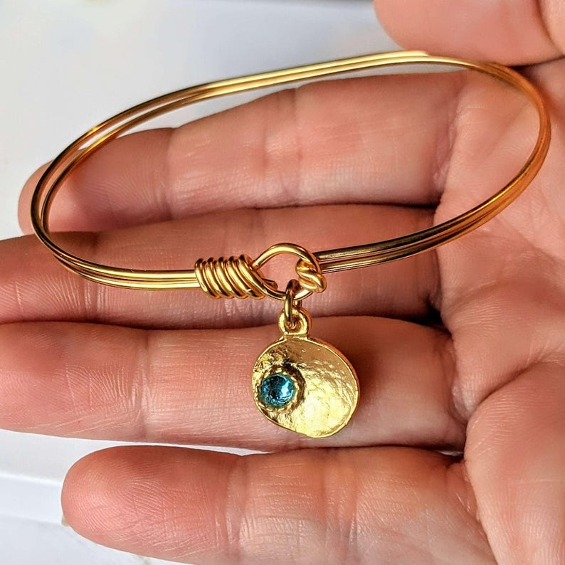 Gold Birthstone Cuff bangle, European Charm Bracelet - - LadybugfeetDesigns -