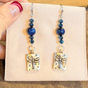 Blue Tiger's Eye Beaded Dragonfly Earrings - - LadybugfeetDesigns -