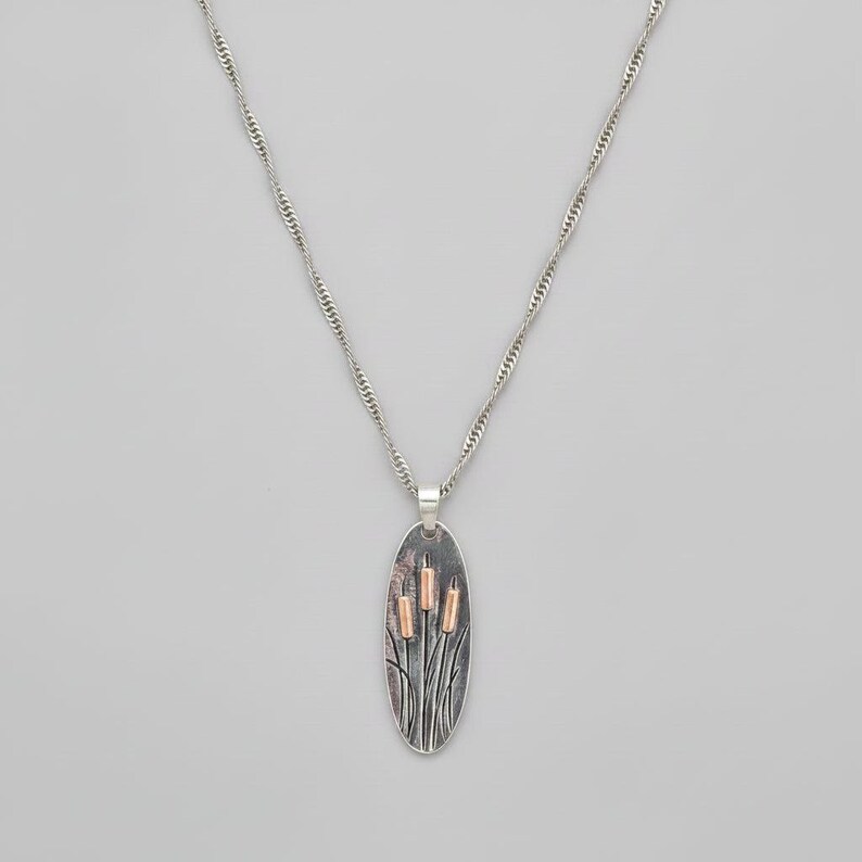 Cattail/Foxtail Pendant Necklace, Silver - - LadybugfeetDesigns -