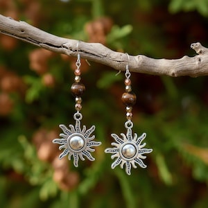 Celestial Sun Tiger's Eye Beaded Hook Earrings, Silver - - LadybugfeetDesigns -