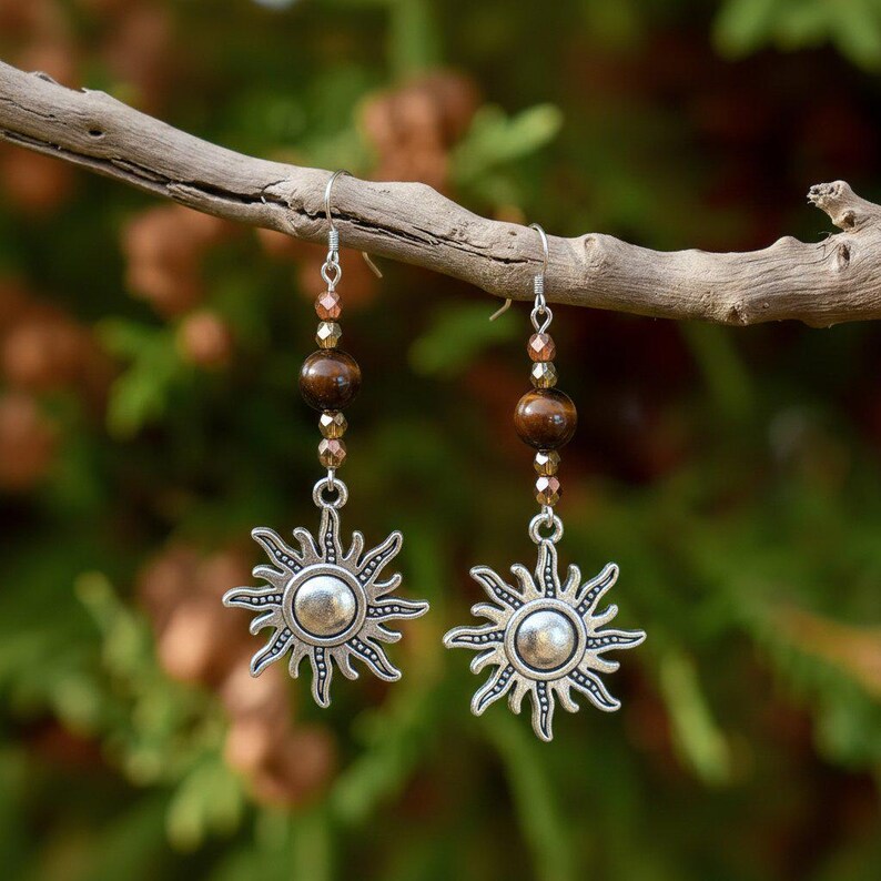 Celestial Sun Tiger's Eye Beaded Hook Earrings, Silver - - LadybugfeetDesigns -