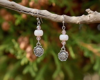 Rose Opal Crystal Hook Earrings, Silver