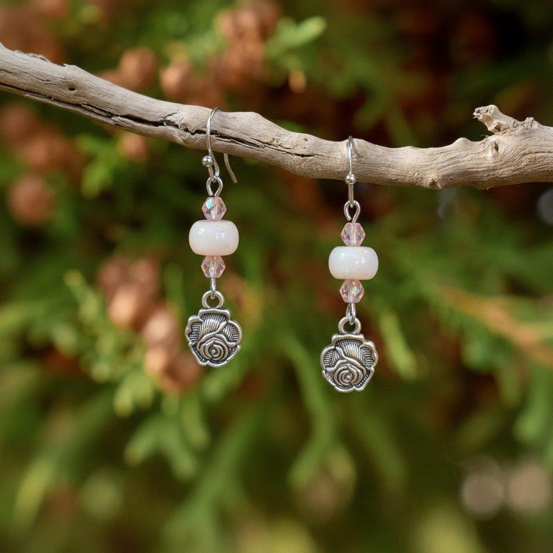Rose Opal Crystal Hook Earrings, Silver - - LadybugfeetDesigns -