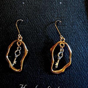 Key to Your Heart dangle earrings, Two-Tone - - LadybugfeetDesigns -