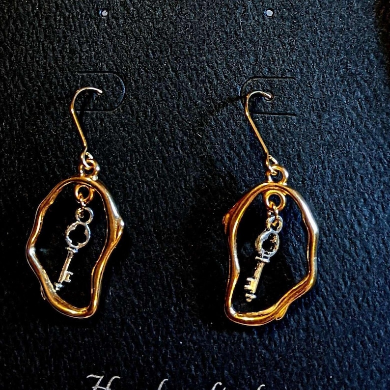 Key to Your Heart dangle earrings, Two-Tone - - LadybugfeetDesigns -
