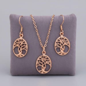 Tree of Life Rose Gold necklace earrings set,18 inch - - LadybugfeetDesigns -