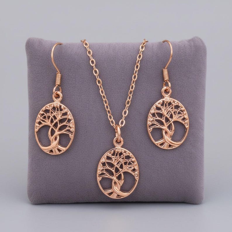 Tree of Life Rose Gold necklace earrings set,18 inch - - LadybugfeetDesigns -