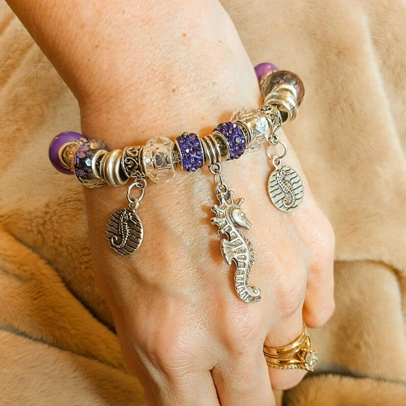Seahorse European beaded bracelet, Silver - - LadybugfeetDesigns -