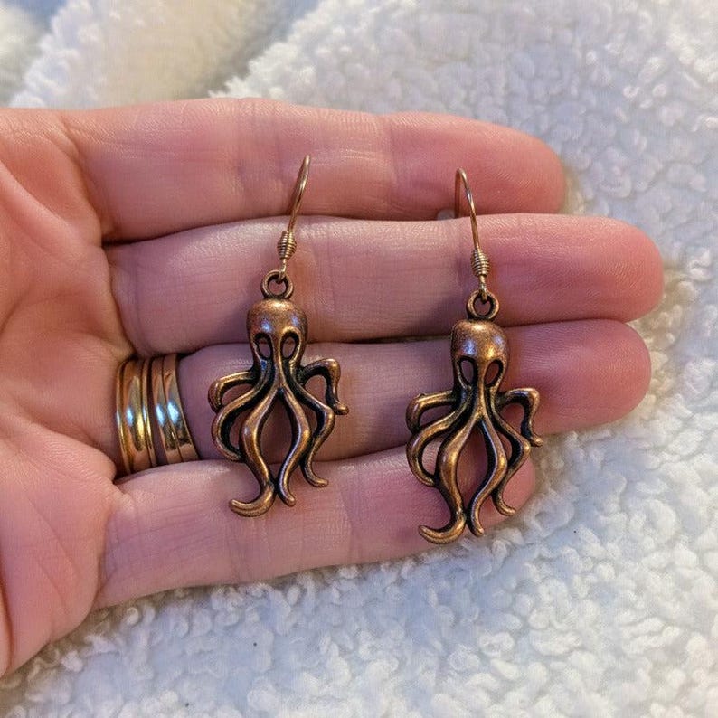 Octopus dangle earrings, Copper/Rose Gold - - LadybugfeetDesigns -