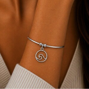 Ocean Wave Euro Bangle Cuff, Silver - - LadybugfeetDesigns -