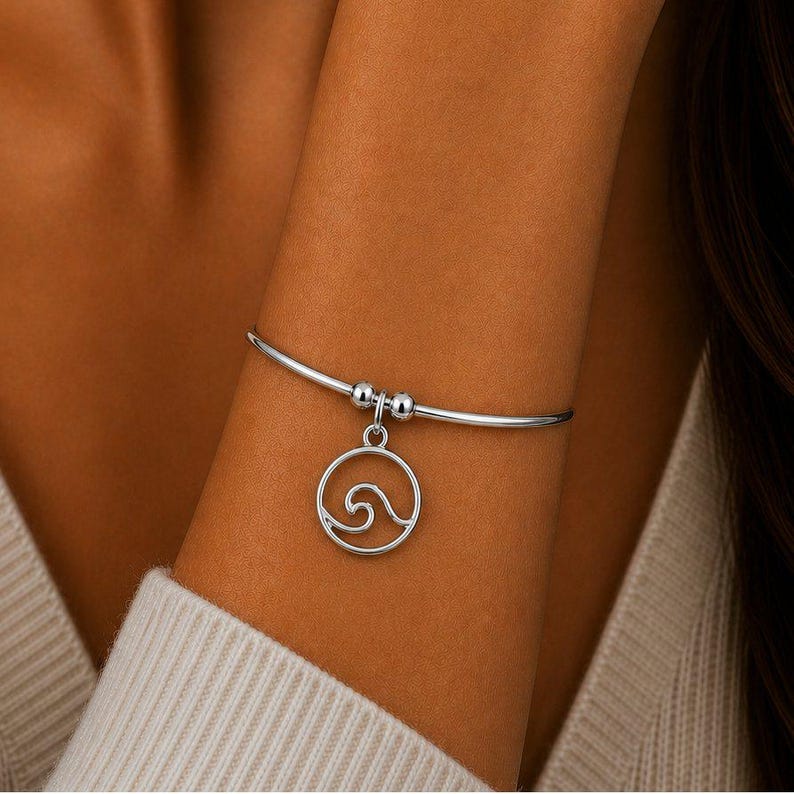 Ocean Wave Euro Bangle Cuff, Silver - - LadybugfeetDesigns -