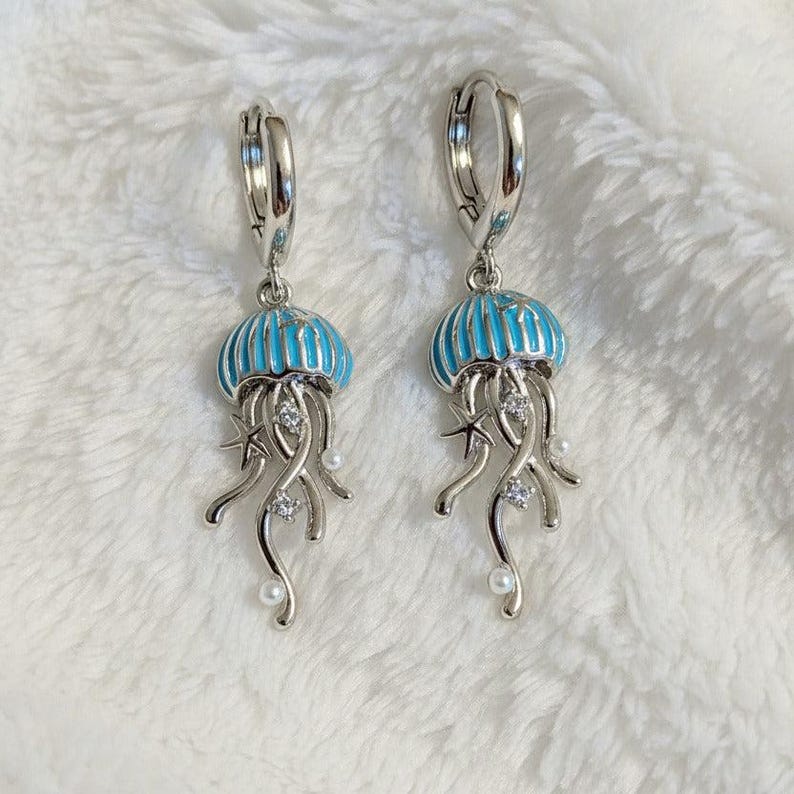 Jellyfish Huggie Hoop earrings, Silver - 15mm - - LadybugfeetDesigns -