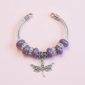 Lavender Beaded Dragonfly Euro Cuff Bangle, European Charm Bracelet - - LadybugfeetDesigns -
