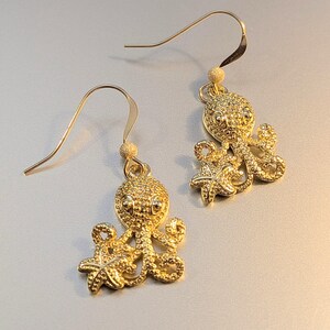 Octopus dangle earrings, Gold - - LadybugfeetDesigns -