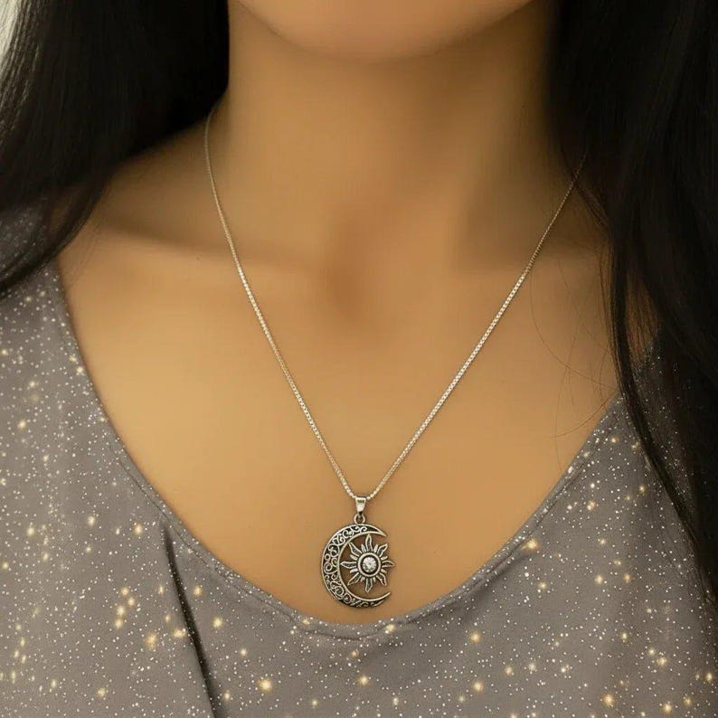 Filigree Crescent Moon Sun Necklace, Sterling Silver- 24 inches - - LadybugfeetDesigns -