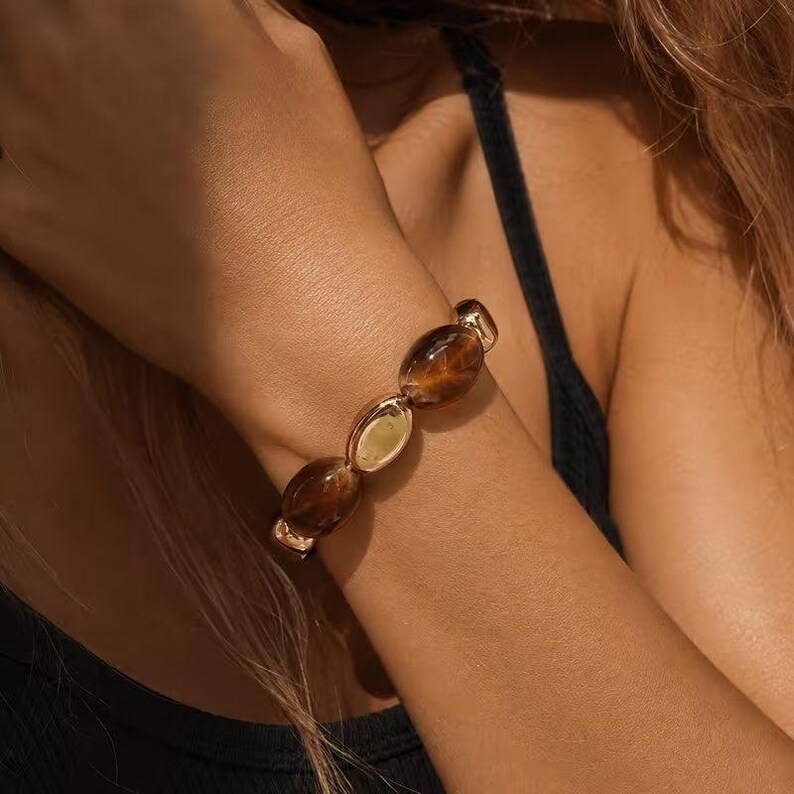 Amber and Gold Chunky Bead Bracelet - - LadybugfeetDesigns -