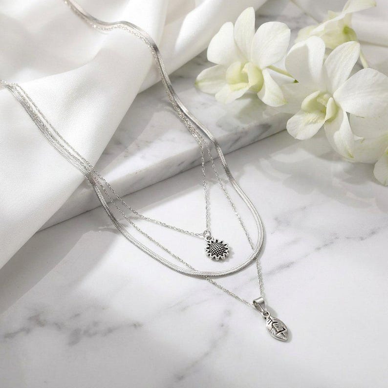 Sunflower Initial Leaf Layered Necklace Set, Silver - - LadybugfeetDesigns -