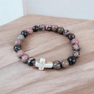 Rhodonite Pink Zebra Beaded Cross Stretch bracelet - - LadybugfeetDesigns -