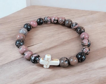Rhodonite Pink Zebra Beaded Cross Stretch bracelet