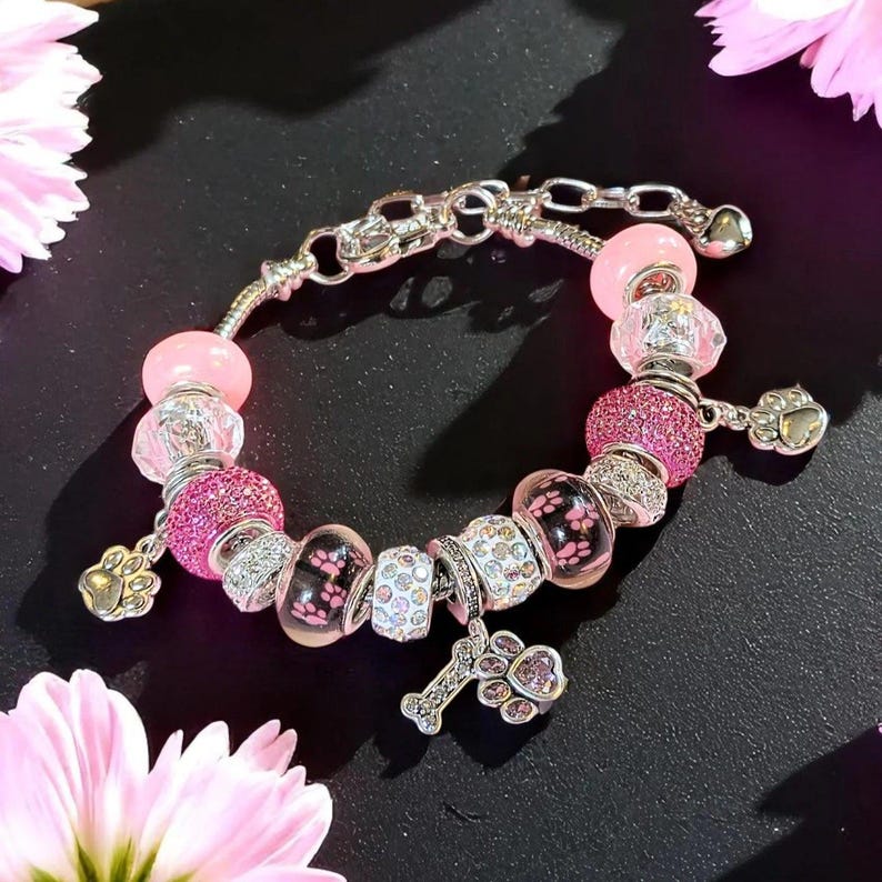 Dog Paw European beaded bracelet - Silver - - LadybugfeetDesigns -