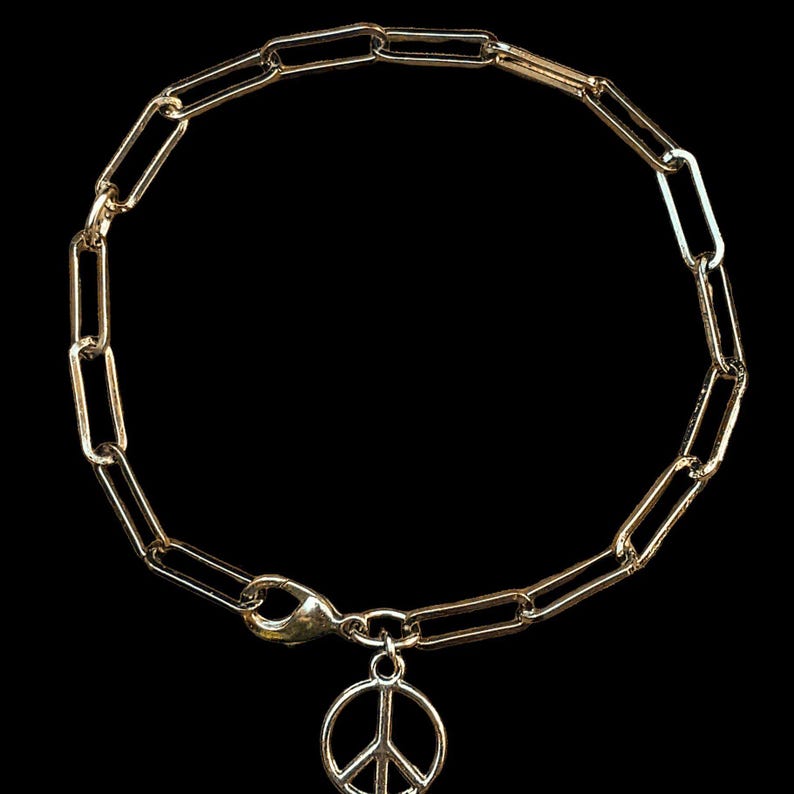 Peace Sign Gunmetal Paperclip Chain Bracelet