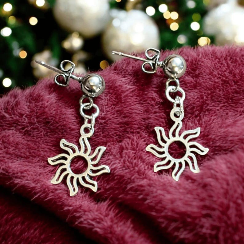 Fiery Sun Charm Drop Stud Earrings-Silver - - LadybugfeetDesigns -