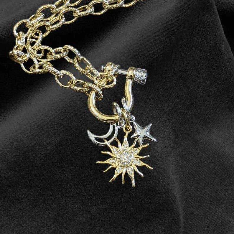 Gold CZ Sun and Silver Moon and Star Shackle Clasp Carabiner Necklace, Gold - 20 inch - - LadybugfeetDesigns -