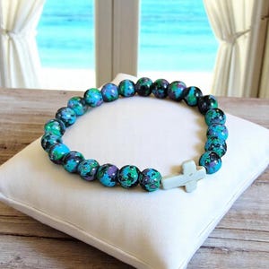 Teal Blue Green Beaded Cross Stretch bracelet - - LadybugfeetDesigns -