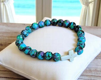 Teal Blau Grün Perlen Kreuz Stretch Armband