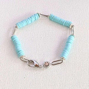Aqua Blue Smiley Stainless Steel Paperclip Chain Bracelet - - LadybugfeetDesigns -